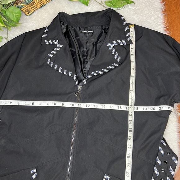 SAMUEL DONG Black Trench Coat with Plaid Trim - Picture 13 of 15